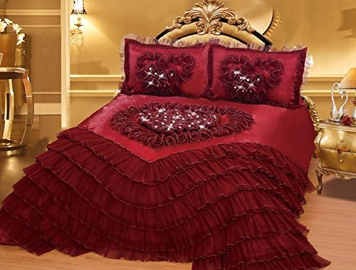 Romantic Princess Royal Luxury European Lolita Fancy Organza Patchwork Lace Bridal Wedding Dress Bedding Collection Comforter Set Queen, King, California King -Rose Red with 3D Heart Floral