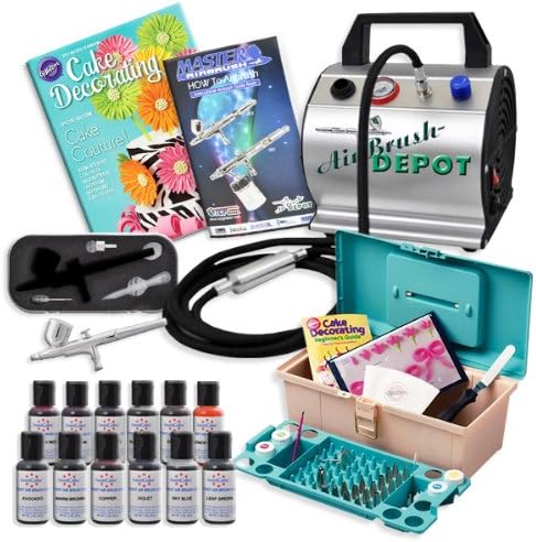 Complete Professional Cake Decorating System Airbrush Kit with Airbrush Depot TC-60 Air Compressor, Airbrush with Hose, 50 Piece Wilton Cake Decorating Set and a Set of 12 .7 Oz. Americolor Amerimist Food Colors