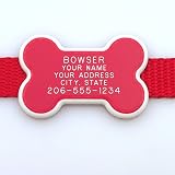 Collar Tag - Bone Shape Pet ID Tag. Our custom engraved dog & cat pet tags are stylish and silent and attach flat to any collar.