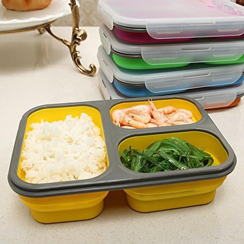 T&B Lunch Box,Microwave Safe,Collapsible Silicone On the Go Bento Box,Food Container (3-Compartment, Blue)