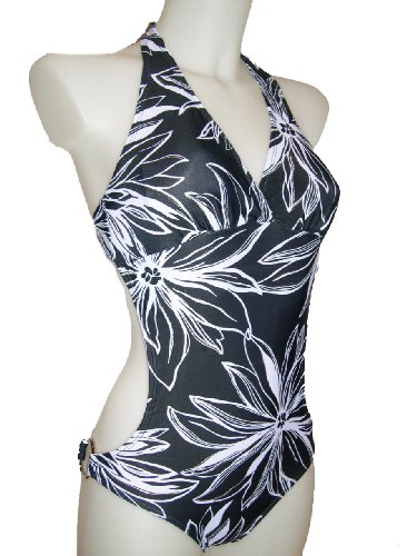 Womens Monokini 1 Piece Swimsuit, Marina West, Black White & Silver Floral