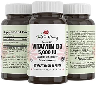 Red Daisy's #1 Recommended Vitamin D3 5000 IU - Gluten Free and 100% Celiac Safe - Full Satisfaction Guaranteed - Vegetarian Tablets - Promote Bone and Cellular Health!