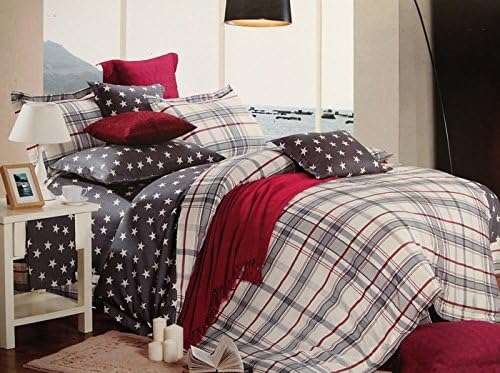 3pcs Rustic Style Multiple Colors Stars & Grids Cotton Duvet Cover Bed Skirt Pillowcase Bedding Set201440 (Twin)