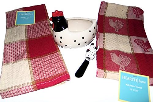 Rooster Gift Set Dip and Spreader Bowl with Red Rooster Kitchen Towels