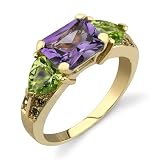 Traditional Beauty 3.66 cts Radiant Amethyst & Heart Peridot Diamond Ring 14Kt Yellow Gold