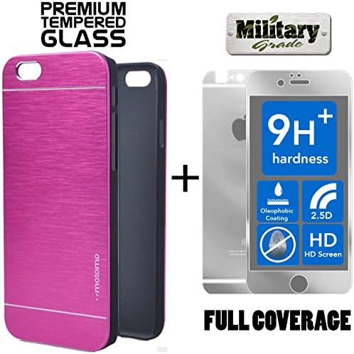 LIMITED STOCK SALE Iphone 6 Plus &amp; 6S Plus [5.5], PREMIUM PACK Case + Full Body Silver Tempered Glass Screen Protector Brushed Impact Absorbent Bumper Shock Fuschia INO Metal PVC Skin Cover Motomo
