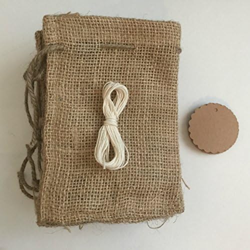 4 X 6 Inch Rustic Burlap Drawstring Bags - 10 Burlap Bags, 12 Round Scalloped Gift Tags &amp; 10' White Cotton String