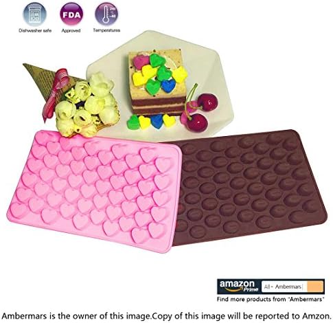 Ambermars Cute Mini Heart Shape (55 Cavity Hearts) and Coffee Bean (55 Cavity Coffee Bean) - Silicone Gel Non-stick Ice Cube / Chocolate Jelly Candy Baking Roasting Mold