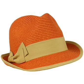 2 Tone Ribbon Bow Beach Summer Fedora Trilby Crusher Sun Cap Hat Orange Khaki