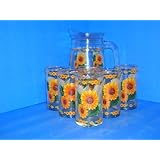 SUNFLOWER 6 Glass Glasses & Pitcher Set Tumblers NEW