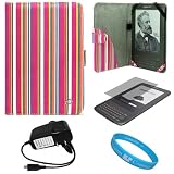Pink Colored Stripes Pattern Design Protective Portfolio Nylon Carrying Case Cover for Amazon Kindle 3rd Generation Wireless Reading Device 3G Wi-Fi 6 inch LCD Display + Clear Screen Protector Guard for Kindle 3 Wifi + Rapid Travel Wall Charger with IC Chip + SumacLife TM Wisdom Courage Wristband