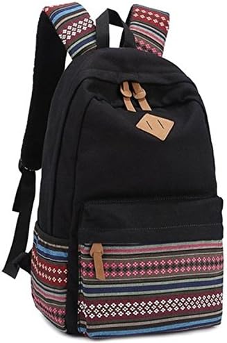 Icelove(TM) Causal Style Lightweight Canvas Laptop Bag/ Shoulder Bag/ School Backpack/ Travel Bag/ Handbag with Embroidery Design (Black+Flower)