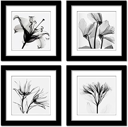 Spirit Up Art 4pcs/set Elegant Black and White Transparent Flowers Pictures Photos to Framed Paintings for Bedroom Office Decoration Decor (Black Frame and White Mat)
