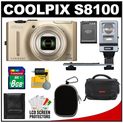 Nikon Coolpix S8100 12.1 MP Digital Camera (Gold) with 8GB Card + Battery + Case + Flash + Cleaning & Accessory Kit On Sale