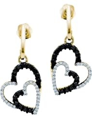 10K Yellow Gold 0.50CT Black & White Round Cut Diamond Double Heart Earring