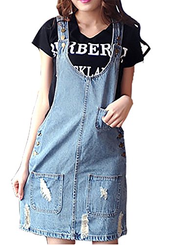 ELPIS レディース デニム サロペット ミニ スカート オーバーオール ダメージ加工 クラッシュ 2色 M～2XL サイズ