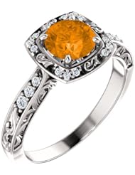 18K White Gold 6.00mm Round Cut Spessartite Garnet and Diamond Ring -- LIFETIME WARRANTY