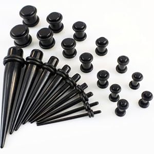9 Pc BLACK Ear Expander (1.6mm - 10mm)(14G-00G) & 14 Pc BLACK Ear Plug (2.4mm - 10mm)(10G-00G) Kit Gauges Taper Set UV Acrylic Ear Stretching Set