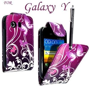 FOR SAMSUNG GALAXY Y S5360 PU LEATHER MAGNETIC FLIP CASE SKIN COVER POUCH + STYLUS BY (Ultra Butterfly Purple)