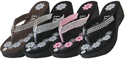 Women's Flower Print With Rhinestone Platform Thong Sandals Flip Flops W1199L (11, Brown)
