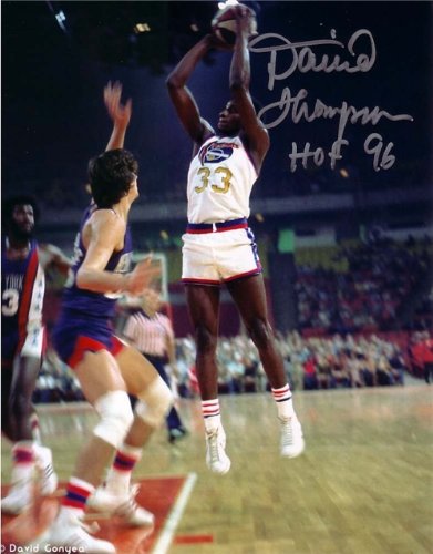 David Thompson Autographed/Hand Signed Nuggets 8x10 Photo with HOF 96 Inscription (ABA Shot Pose 4)