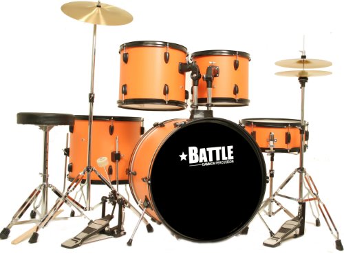 Orange Drum Set Full Adult Size 5-Piece Kit with Cymbals Stands Sticks Stool & Hardware