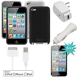 EZOPower USB Hotsync & Charging Data Cable + USB Travel & Car Charger Adapter + Twin Pack Black & Clear Silicone Protective Case + 3 X LCD Screen Protector for Apple iPod Touch 4th Generation - 8GB 32GB 64GB