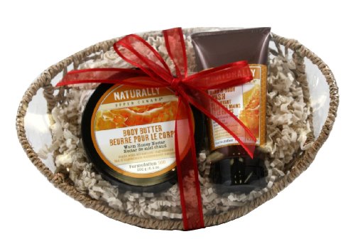 Upper Canada Soap & Candle Naturally Small Sea Grass Basket Gift Set with Hand and Body Wash and Body Butter, Warm Honey Nectar