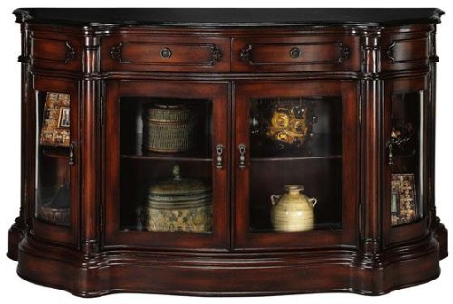 Baymont Dark Brown Console Curio Cabinet with Four Glass Doors, GLASS DOORS, MAHOGANY
