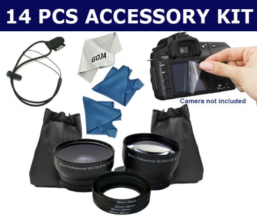 14 Pcs Kit For SONY A200 A300 A330, Includes: 58MM 2.0X Telephoto + 0.45X Wide Angle + Caps + 4 Pcs Adapter Ring (46, 49, 52, 55MM) + 2 Carry Case + 2.7" Precision Design LCD Soft Screen Cover Protector + Lens Cap Keeper Holder + 2 Microfiber Cleaning Cloths + 1 Ultra Fine Microfiber Cleaning Cloth GOJA Logo