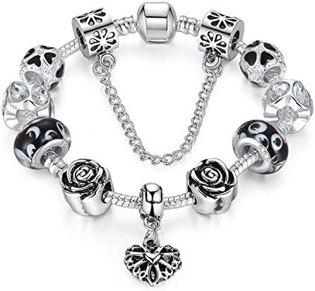 Fun Charm Jewelry Silver Plated Black Glass Beads Rose Heart Dangle Fit Pandora Charm Bracelet Bangles 20CM