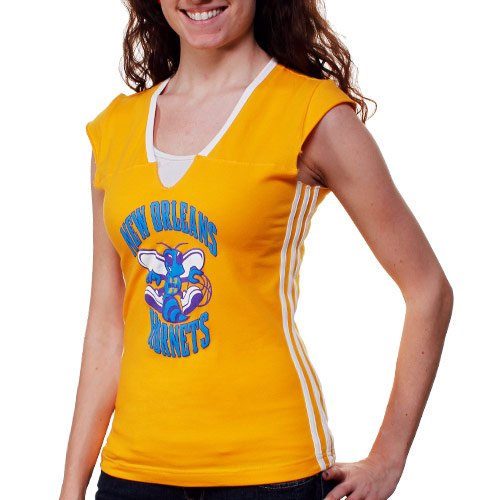 adidas New Orleans Hornets Ladies Fan Gear Slit V-Neck Premium T-Shirt - Gold (Small)