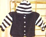 Knitted on Hand Knitting Machine Finished By Hand Crochet Navy Chenille with Light Blue Stripe Infant Boys Cardigan, Hat Set Sleeves and Hat with Four Stripes