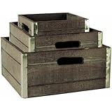 Wald Imports Set of 3 Wood Crates with Galvanized Metal Trim, Gray