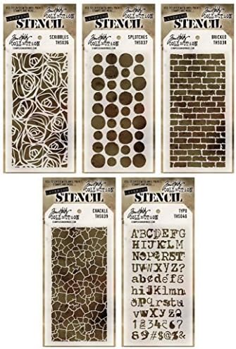 Tim Holtz - Early 2015 Release - Stencils Set 2 - Scribbles, Splotches, Bricked, Crackle &amp; Typo - 5 Item Bundle by Cardmaking Essentials