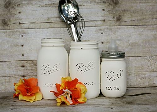 3 Piece Creamy White Handmade Painted and Distressed Mason Jar Kitchen Utensil Holders Set- Kitchen Accessory Containers- Soap Pump