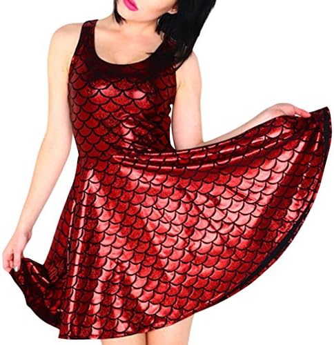 Egelk Women's Strappy Fish Scale Print Spaghetti Pleated Clubwear Cocktail Dress