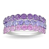 Sterling Silver 3 1/2 CT TGW Round Amethyst, Tanzanite and Created Pink Sapphire Rings Set