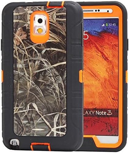 Huaxia Datacom Natural Tree Camo Heavy Duty Hybrid Armor Defender Full Body Protective Case Cover For Samsung Galaxy Note 3 - Camo Grass on Orange Core
