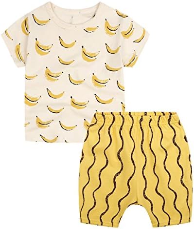 Baby and Little Boys' 2pc Summer T-shirt Shorts Set Outfit(12-18months,Banana)