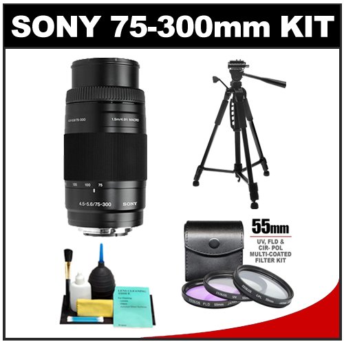 Sony Alpha 75-300mm f/4.5-5.6 Zoom Lens with Tripod + 3 UV/CPL/FLD Filter Set + Cleaning Kit for A33, A55, A560, A580, A230, A330, A380, A450, A500, A550, A850 & A900 Digital SLR Cameras