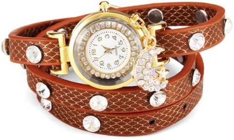 Moon Star Crystal Rhinestone Women Bracelet Leather Quartz Watch.
