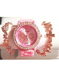 Pink Rose Stacking Watch Set with Crystal Bracelet