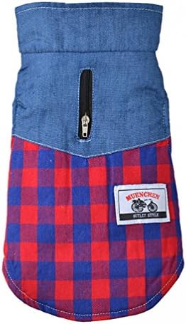 Pet Plaid Warm Cowboy Shirt Coat Cortton Lapel Jacket Clothing (L, Red)