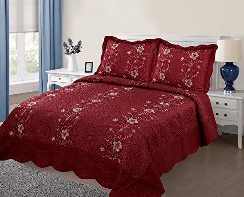 3-Piece BURGUNDY QUILT Floral Embroidery Bedspread Size CAL KING Coverlet Bedding Set