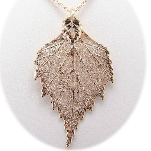 Rose Gold Plated Birch Real Leaf Pendant Cable Chain Necklace 18 Inch