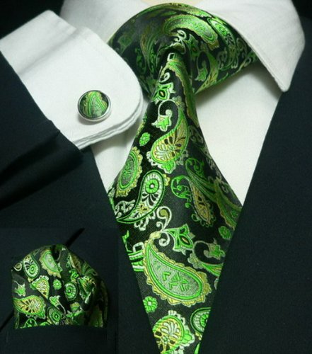 LANDISUN 51A BLACK GREEN PAISLEY SET:TIE+HANKY+CUFFLINKS