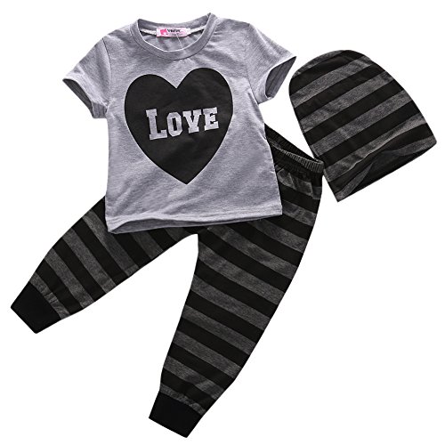 CANIS® Baby Boys Short Sleeve Love Heart T-shirt and Striped Pants Outfit with Hat