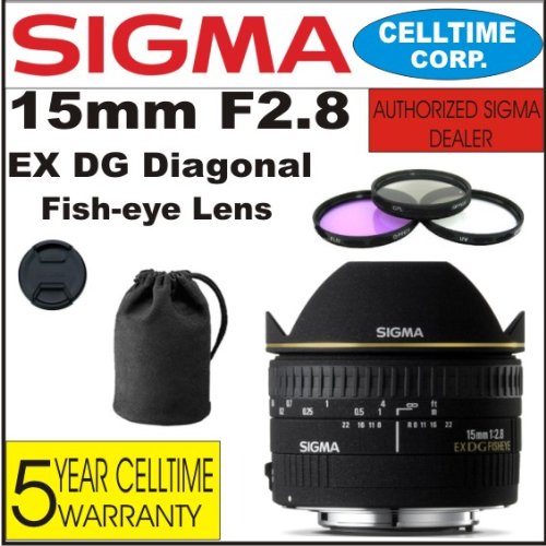 Sigma 15mm F2.8 EX DG Diagonal Fisheye Lens for Nikon Digital SLR Cameras + 3 Piece Filter Kit with Case + Lens Case + Celltime 5 Year Warranty