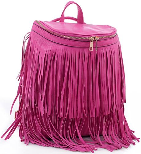 Dasein Fringe Top Flap Zipper Backpack Bucket Bag - Fuchsia